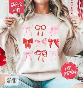 Valentine Bows Sweatshirt, Valentine's Day Crewneck, Holiday Women's Sweater valentine day