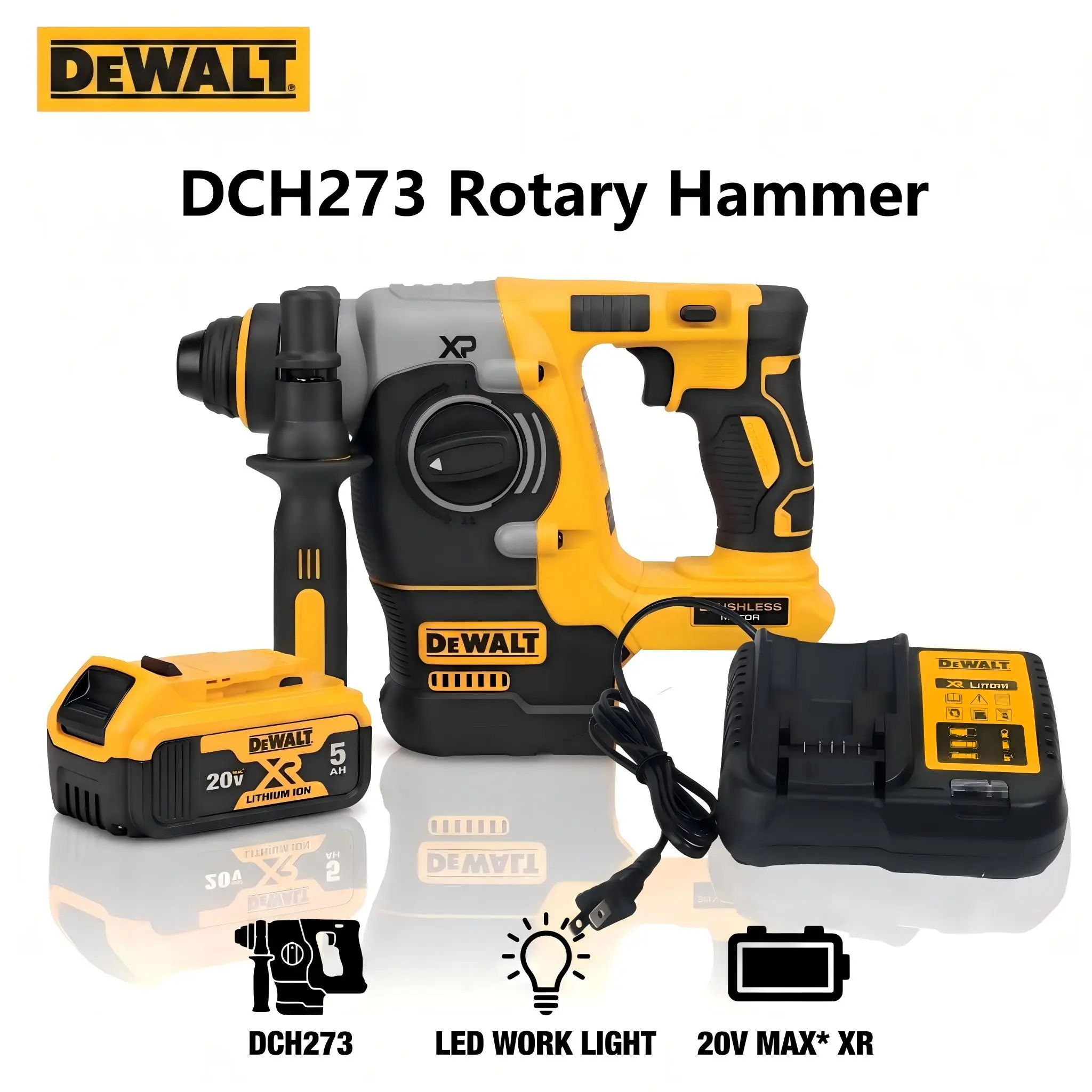DEWALT DCH273 20V MAX XR Brushless SDS-Plus Rotary Hammer Drill - 2.1 Impact Power, 0-1100RPM, Dual-Mode Forward-Reverse, Compact Torque, Lithium Cells Battery, for Wall Repairs, Concrete/Wood Light Chiseling, Heavy-Duty Indoor Civil Renovation
