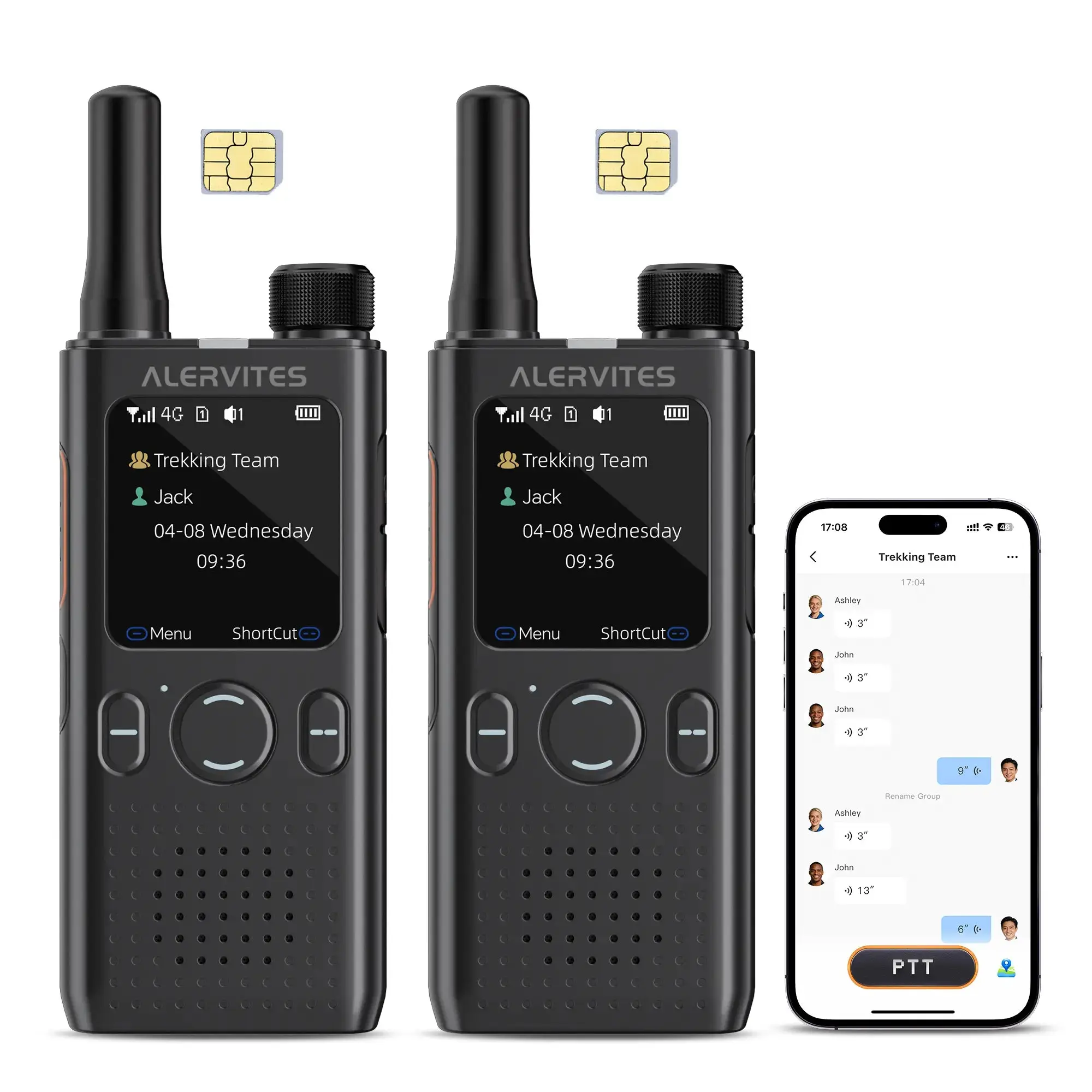 Alervites 4G PoC Walkie Talkie. Unlimited range beyond analog radios. Supports PTT group & private calls, noise reduction, color screen and USB-C charging. Team management via App. Perfect for security, logistics, hotels and construction teams.
