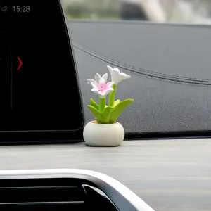 Car Dashboard Plant Resin Flower Pot Knick Knacks Mini Plant Figurines Decorations Gifts for Women, Car Desk Bookshelf Decor (Lily Flower)