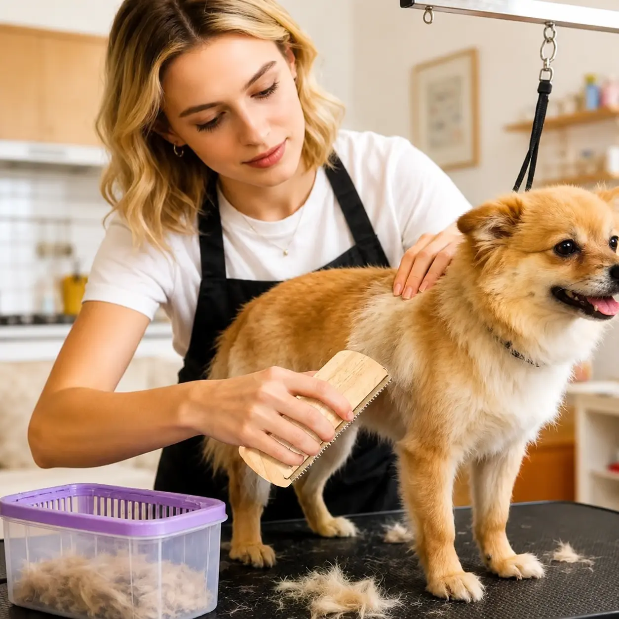 Pet Deshedding Brush for Dogs & Cats - Wood + Metal Design (Wooden Handle, Stainless Steel Blade) - Fur Remover Grooming Tool That Reduces Shed for Short & Long Hair