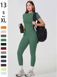 Women's Sportswear Set, Slim-Fit Round Neck Short Sleeves & High-Waisted Yoga Pants, Ideal for Gym Running Outdoor Activities, Athleisure Wear Set