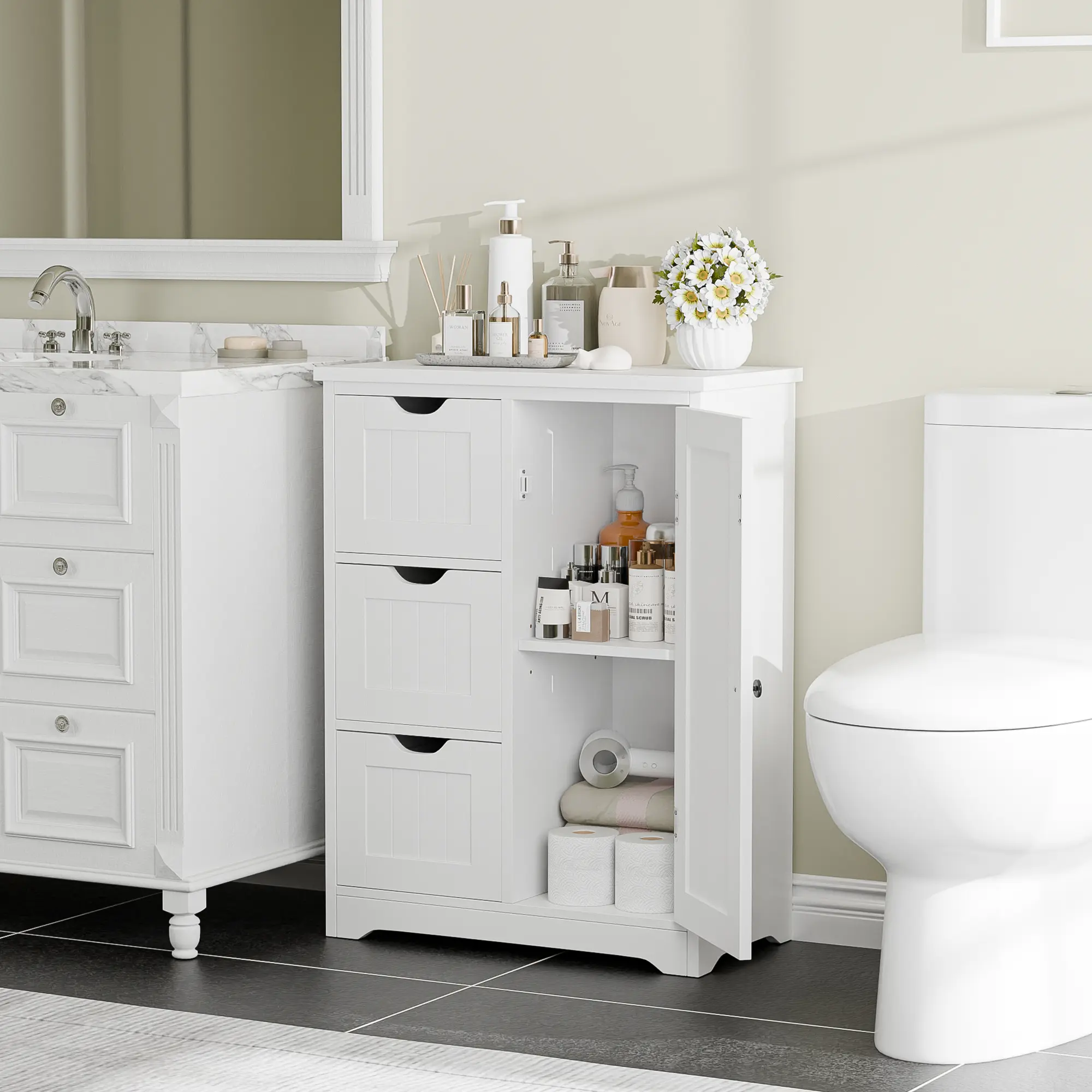 Segawe Freestanding 3-Drawer Dresser Cabinet - Beadboard Look, Robust MDF, Tool-Free Assembly, Adjustable Multi-Level Shelved Indoor Furniture, Bathroom Organizer for Home Organization Storage