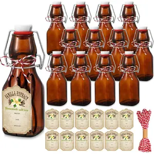 12Pcs4ozAmberSwingTopbrownSquareGlassBottlesforVanillaExtractwithCapsandCottonTwinesLabelFlipTopGlassBottleforHomeVanillaBrewOilBeerTeaSupply
