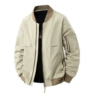 Beige Pilot Jacket for Men -Zip Front Button-Flap Pockets & Contrast Brown Collar - Stylish Outerwear-Medium Size-100% Polyester Fiber