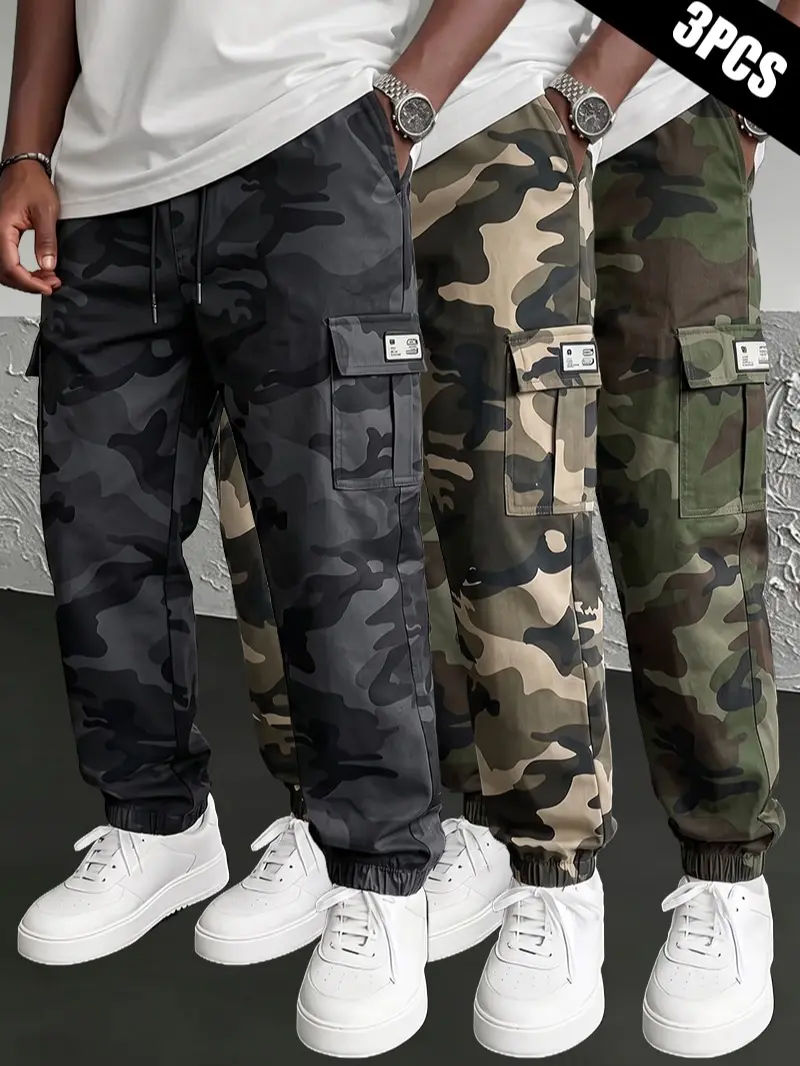 LIFE KEEPS MOVING 3-Pack Men’s Trendy Versatile Casual Jogger Pants, Stylish Camouflage Print, Elastic Waistband, Distinct Street Style Cuffed Design, Suitable for All Seasons, Ideal for Daily Wear, Climbing, Hiking, and Outdoor Activities