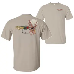 Simms Fly Hook Graphic Oversize T-Shirt, Handcrafted Fly Fishing Lure Print in Earthy Vintage Colors, Outdoor Heritage Tee for Anglers, Rustic Graphic Shirt for Fishermen and Nature Lovers, Great Gift for Fly Fishing Enthusiasts