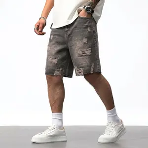 Men's Baggy Distressed Denim Jorts Vintage Wash Elastic Waist Knee Length Streetwear Shorts