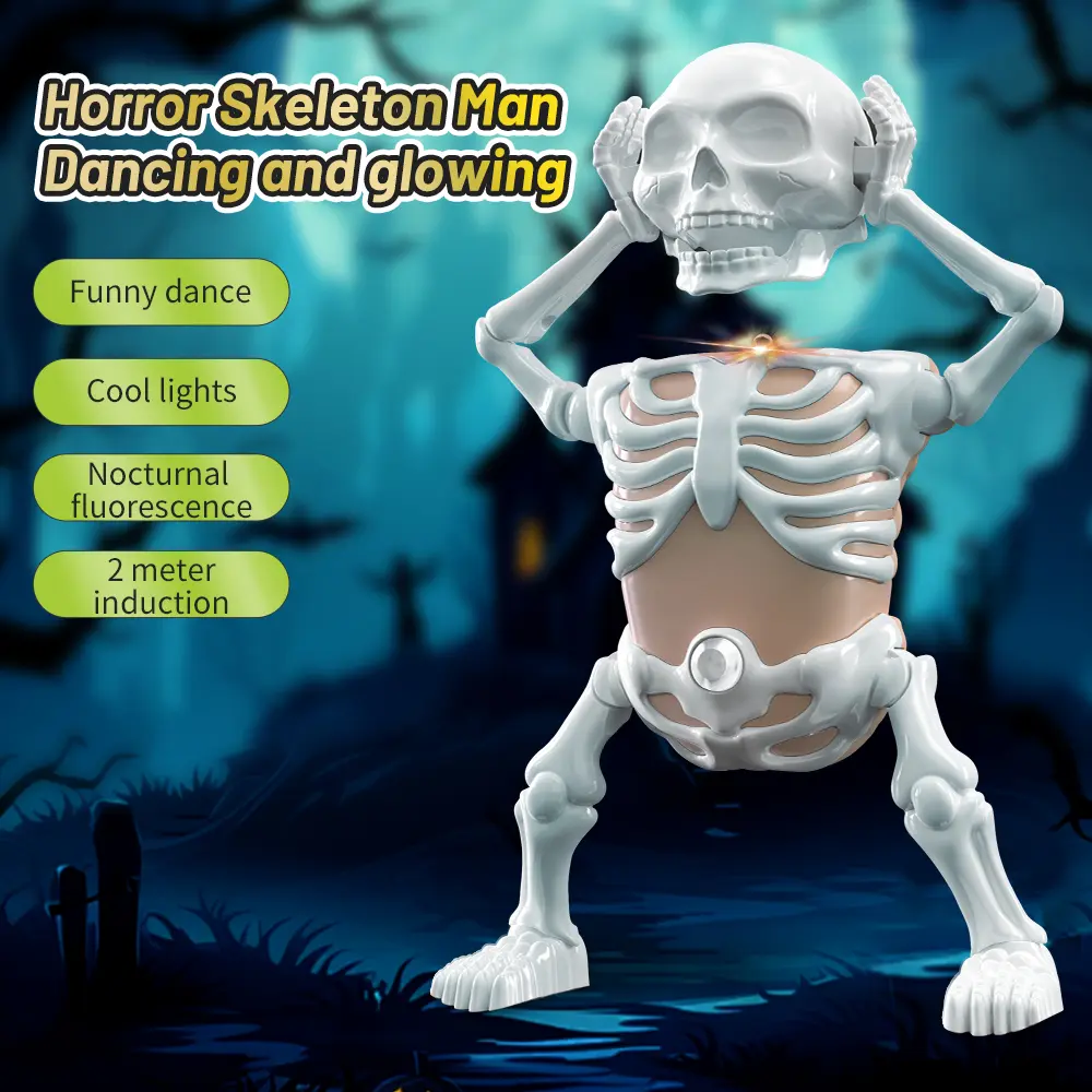 Halloween dancing skeleton decoration, holiday gift, novelty prank toy, motion-activated.