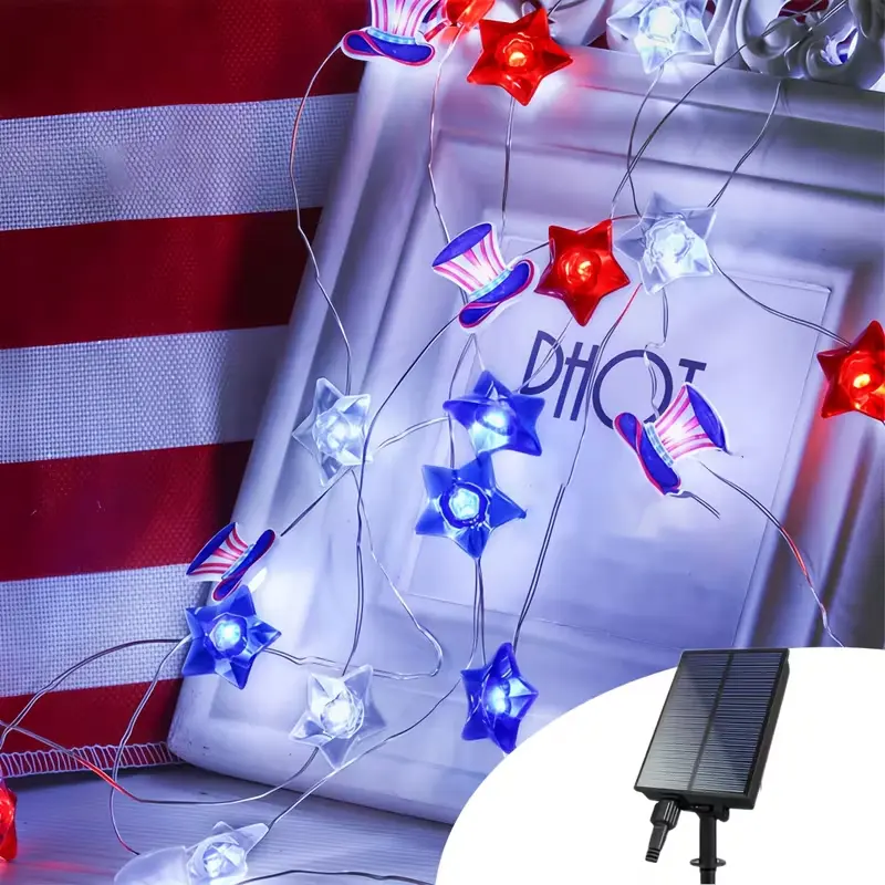 Solar 80LED light string, red, white and blue stars, red hat copper wire lights, suitable for Independence Day, courtyard, garden, lawn, open-air party decoration.