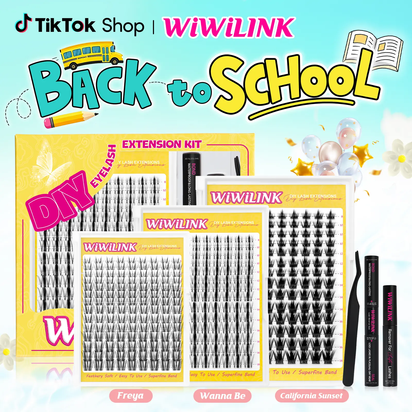 WiWiLINK Sunset Wanna Be Freya Manga Lashes Cluster C D Curl DIY Lash Extension Kit and Lash Clusters 8-18mm with Bond Seal and Remover - Ultra-Thin Transparent Bands, Lash Magic Anime False Lash Extension Kit Makeup Cosmetic Makeup Individual Eyelash