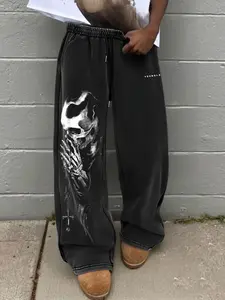 Men's Casual Loose-Fit Cotton Sweatpants, Graphic Skull Print Drawstring Waistband, All-Season Comfortable Pants for Daily Wear
