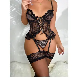 Women's 3pcs Luxury Lace Trim Bustier Babydoll Cami Set, Sexy V-Neck Spaghetti Strap Sleepwear with Ruffle Hem & Detachable Garter Straps, Soft Breathable Fabric, Elegant Lingerie for Loungewear & Romantic Occasions, Ideal Gift for Her, S-XXL (Womenswear)