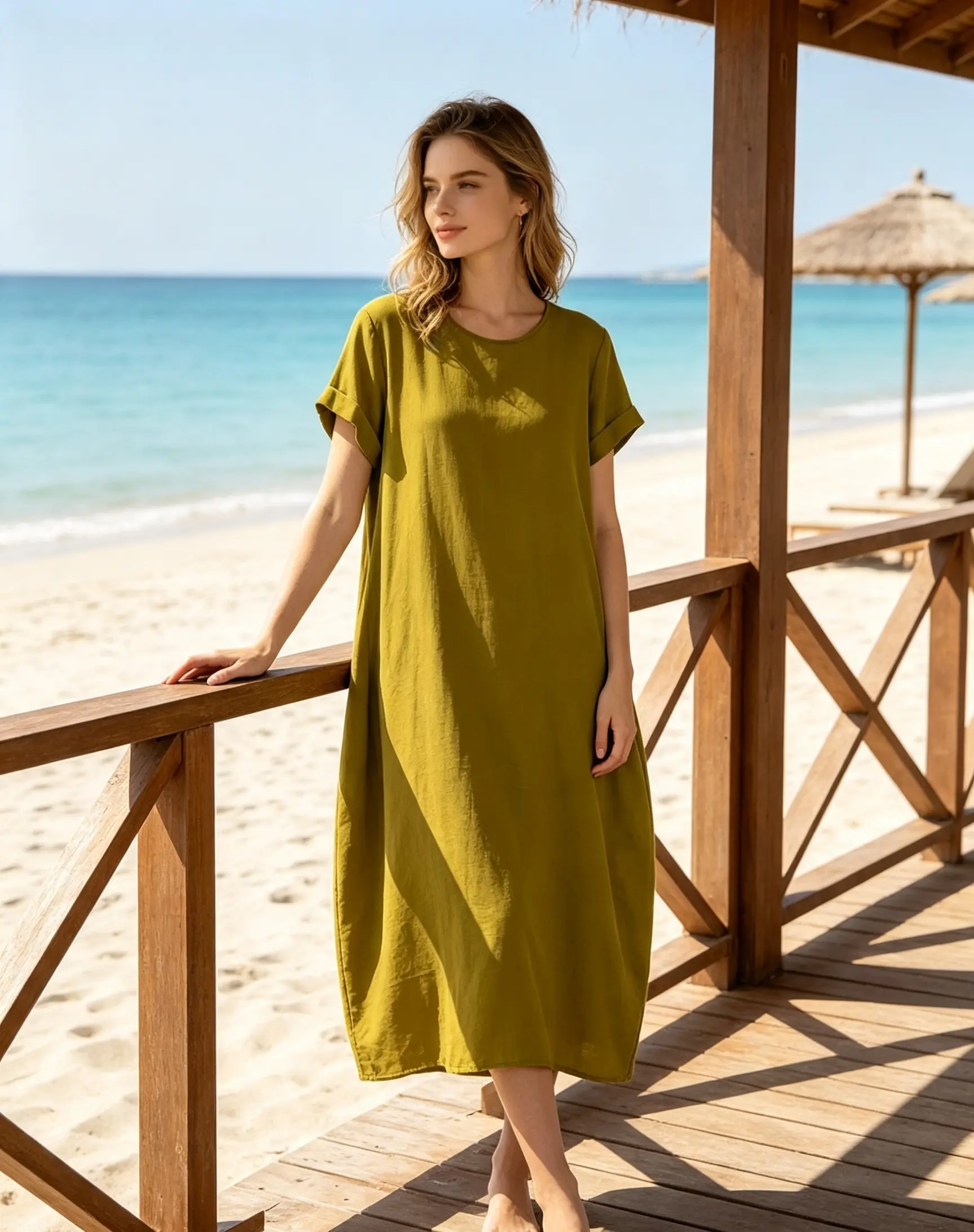 Women's Solid-Color Cotton-Linen Crinkled Short-Sleeve Sports Dress - Loose, Plus-Size, Round Neck, Cinched Waist