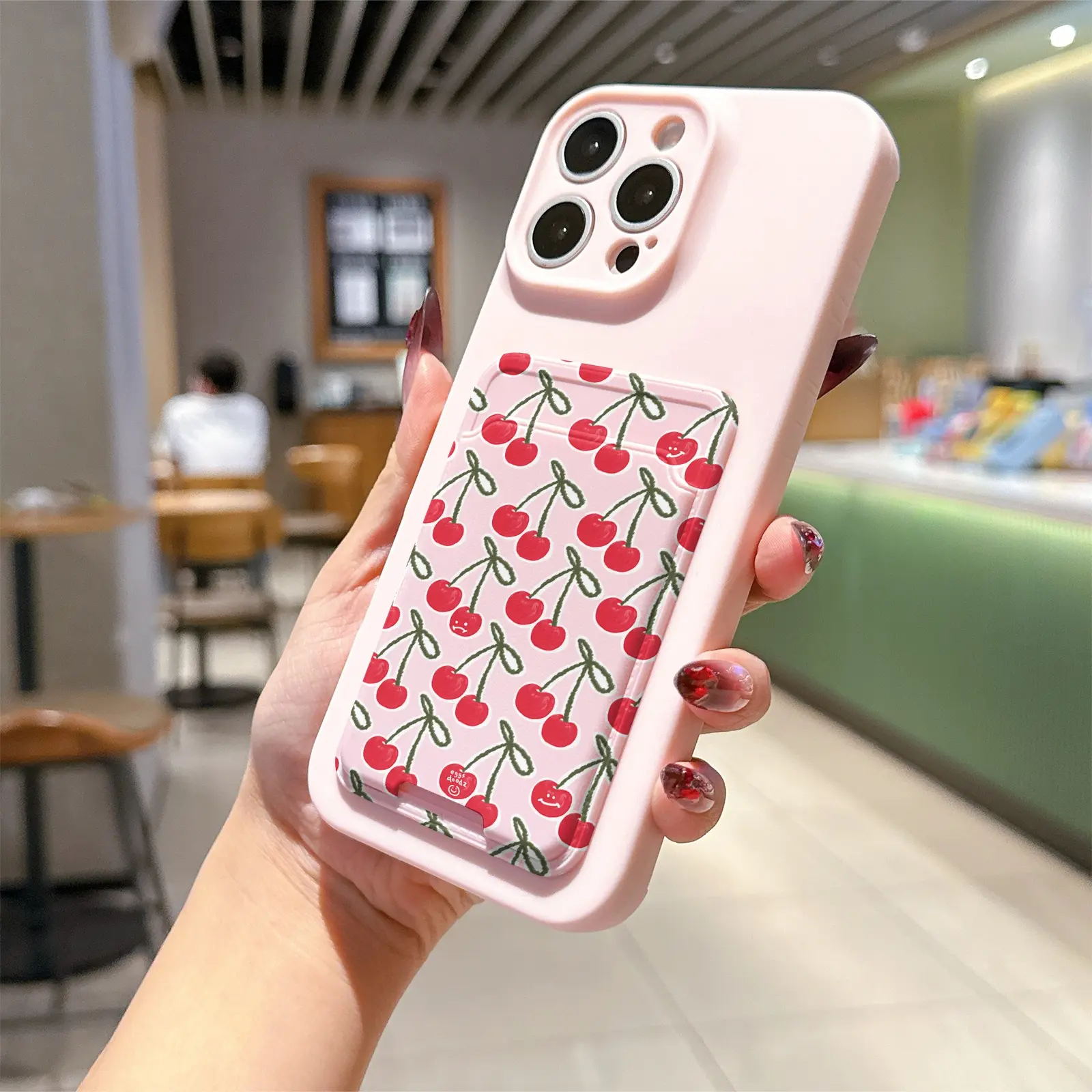 Self-Adhesive Card Holder Phone Case, Cherry Design, Anti-Drop Tpu Cover for iPhone Models, Perfect Gift for Women & Teens, Accessories
