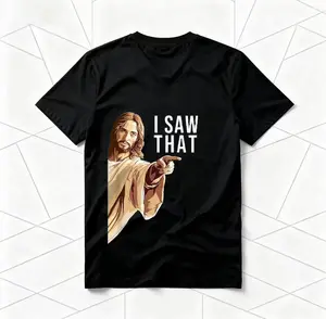 " I Saw That" Jesus Meme American Retro Black Short-Sleeved Unisex T-Shirt, Humorous Religious Graphic, Casual Streetwear for Meme & Comedy Enthusiasts, Unique Quirky Faith-Themed Fashion Statement Piece funny crewneck menswear   Jesus T-Shirt