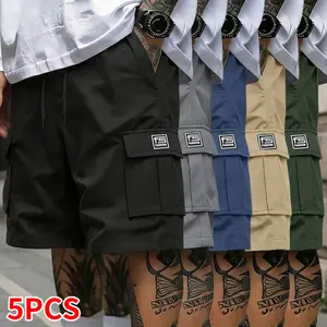 5-piece set summer clothing: summer shorts, men’s shorts, menswear with multifunctional pockets, solid color, drawstring elastic waistband, suitable for outdoor sports, fitness, running, and casual wear; men’s casual cargo pants.
