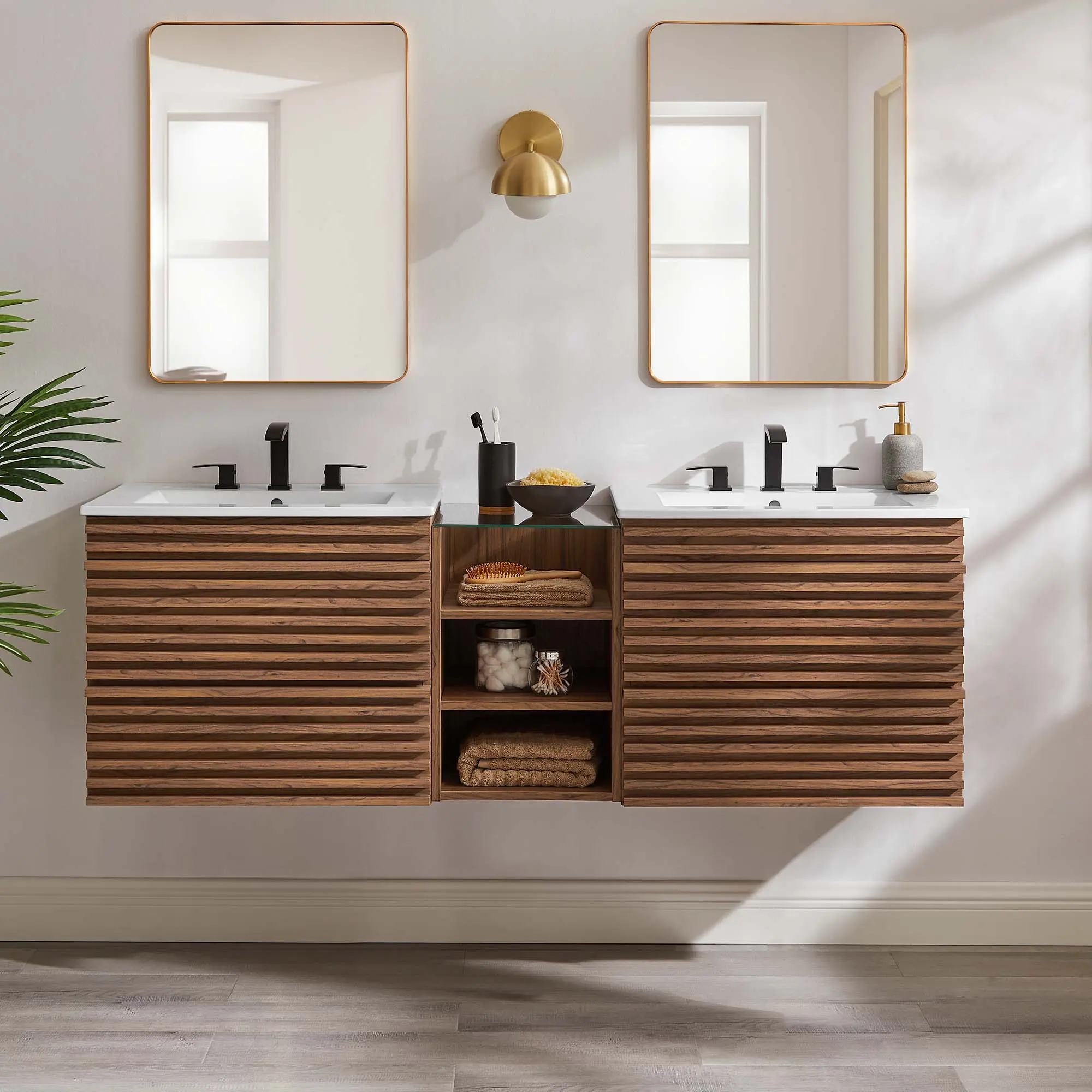 62" Wall-Mount Double Sink Bathroom Vanity, Mid-Century Style, Walnut White Finish, MDF Frame, Slotted Drawers