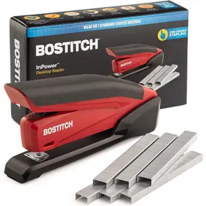 Stapler with 1260 Staples-InPower Red Spring-Powered - Built-in Staple Remover - 20-Sheet Capacity - Staple Storage Compartment - One Touch Heavy Duty for Desk