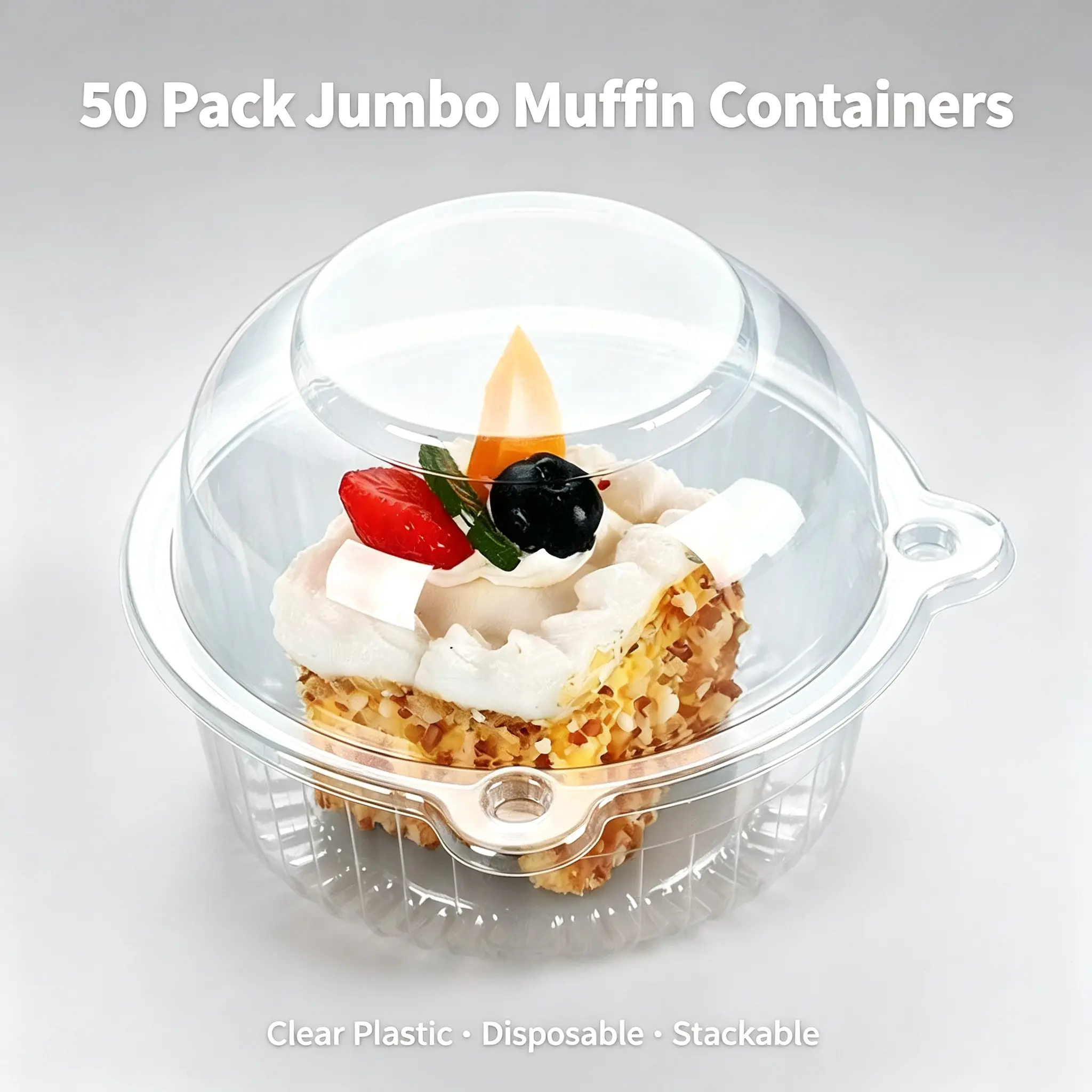 50 Pack Extra Large Jumbo Muffin Containers, Clear Plastic Flip Top Cupcake Holders, Cartoon Cat Head Design Disposable Muffin Boxes for Bakery, Party, Takeout