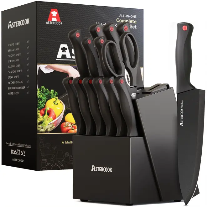 Astercook 15-Pcs Black Block Kitchen Knife Set, High Carbon Stainless Steel, Serrated Blades, Built-in Sharpener, for Chopping, Dicing