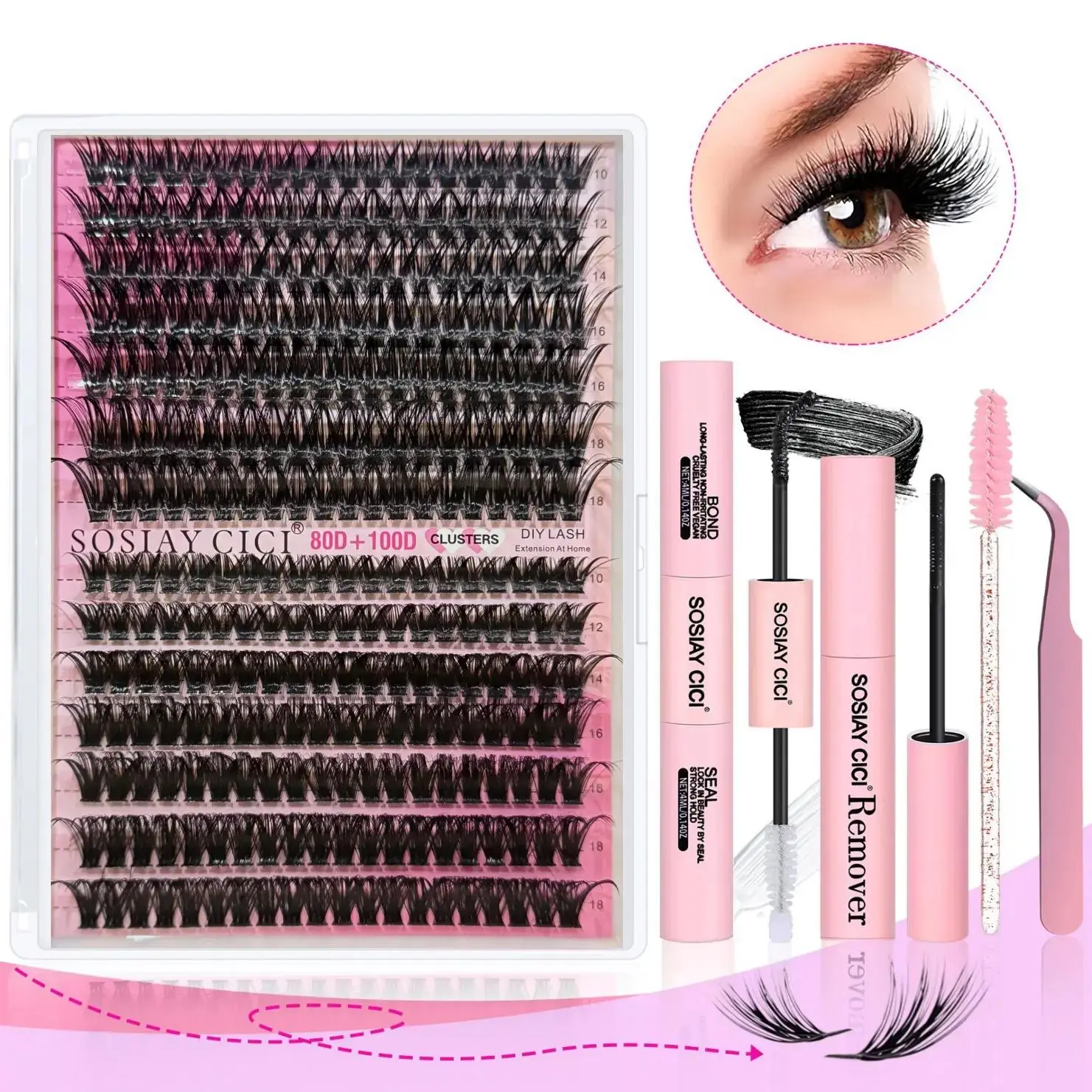 Gentle DIY Cluster Lashes Kit, 280 Pcs Fake Eyelashes with Bond and Seal, 10-18mm Mixed Lengths, 80D & 100D Volume - Complete Reusable Cosmetic Kit with Remover & Tweezers for Beginners