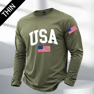 Men's Fashion Long Sleeve T-Shirt American Street Style USA Flag Letter Print Four Seasons Suitable Outdoor Sports and Exercise Wear Athletic T-Shirt Perfect Gift for Boyfriend Brothers Stylish Long T-Shirt