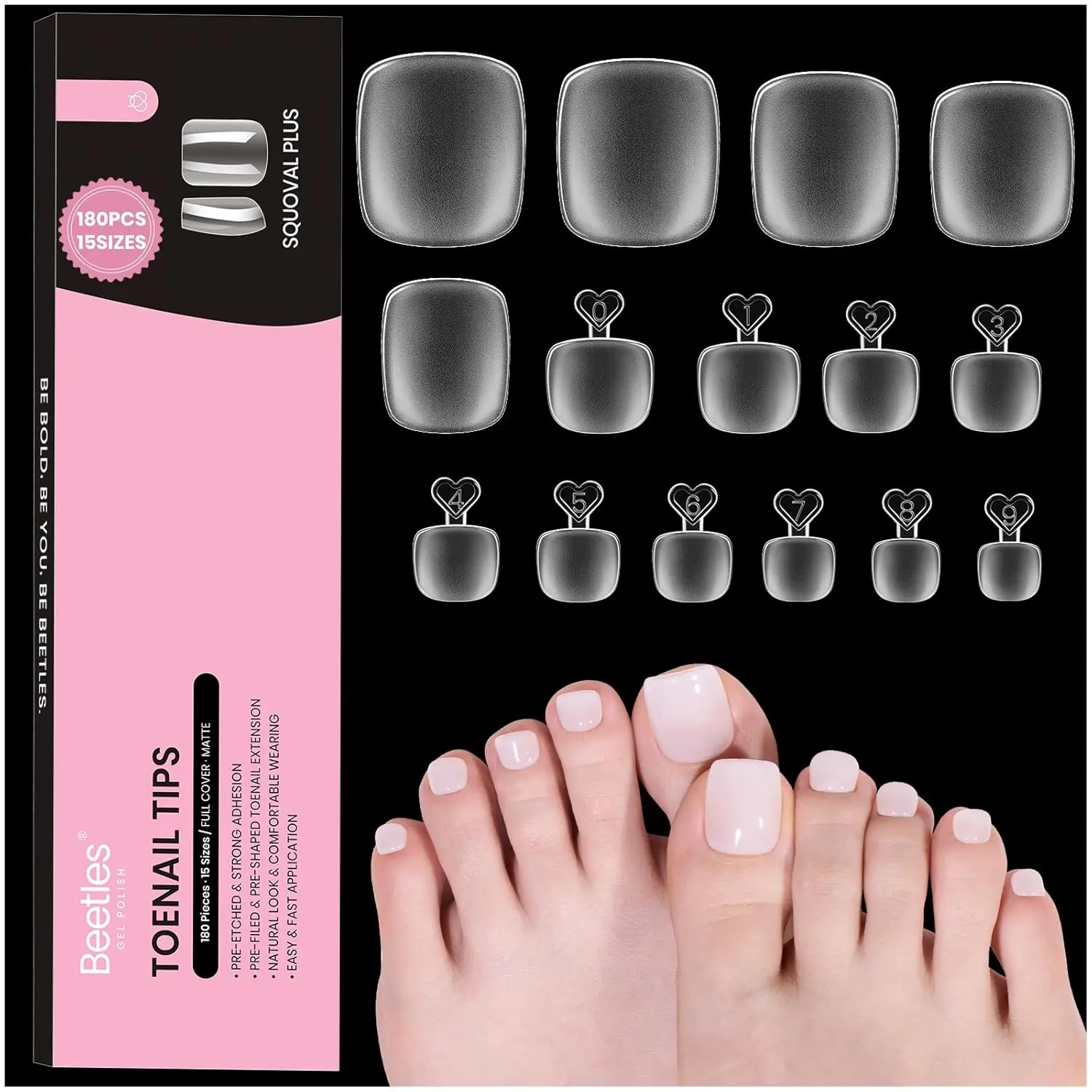 beetles Gel Polish Toenail Tips, 180 Pcs Pre-Etched Full Cover Square Extensions for Wider Big Toes, Double Matte Finish - Nails Supplies & Beauty Products