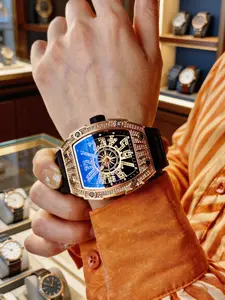 Men's Oversized Watch Colorblock Design, Compass Large Dial, Hip Hop Street Style, Sporty Full Diamond Barrel Shape Men's Wristwatch