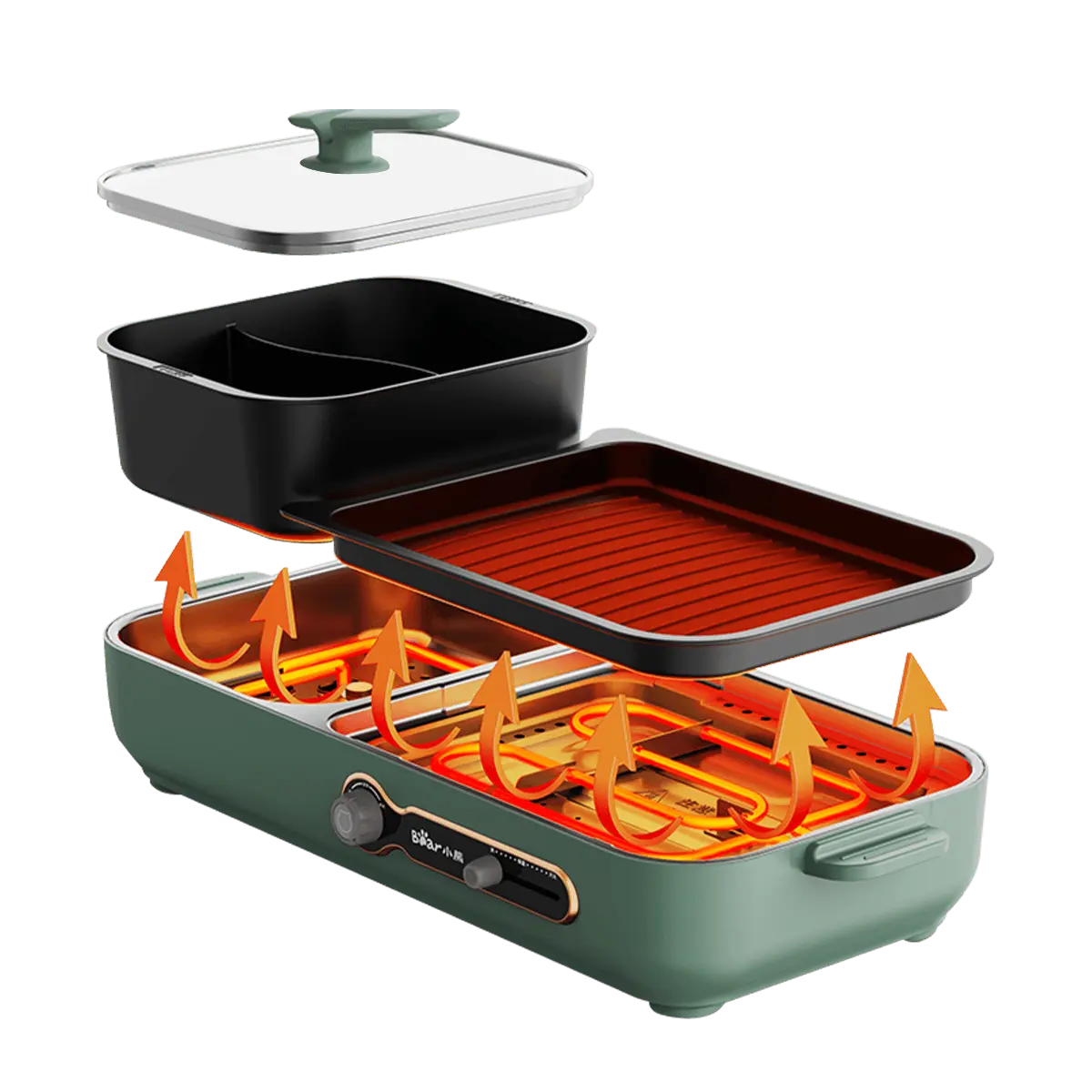 Bear Electric Grill Pan & Hot Pot Combo, 2-in-1 Indoor BBQ Grill and Shabu Shabu Pot, Non-stick Griddle for Steak, Fish, Vegetables, 3.4L Capacity, DKL-C16C2