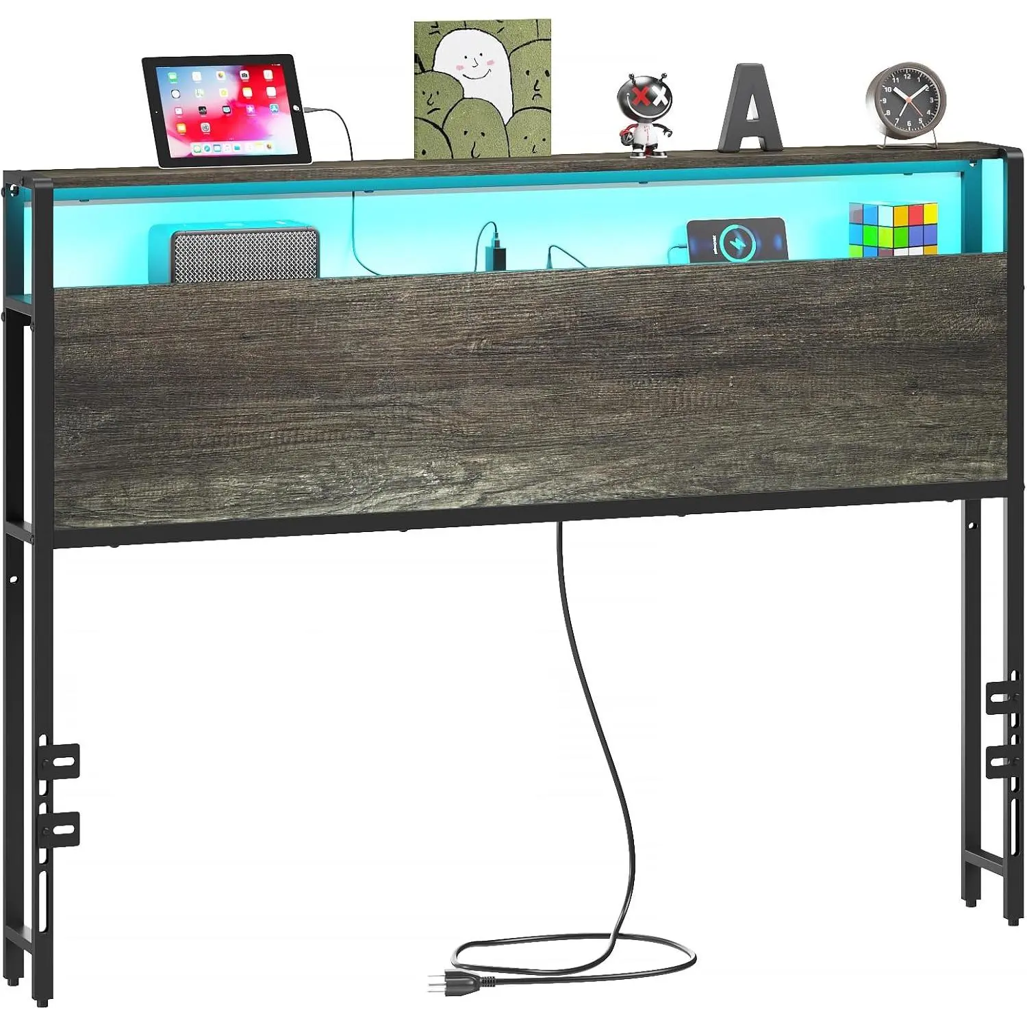 Full Sized Headboard with 2 Tiers Storage Shelves, Sturdy and  Headboard with  Station, USB Ports and LED Light for Full Bed Frame, Black Oak