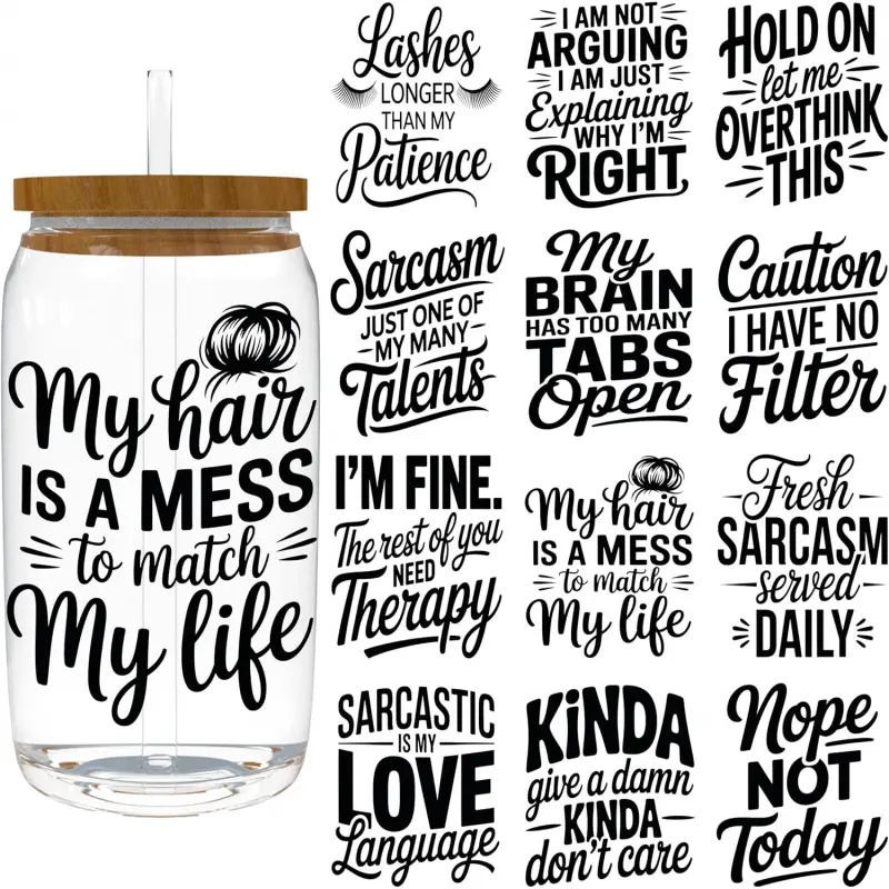 16oz UV DTF Cup Wrap - Removable - DIY UV DTF Transfer Papers for Mug Cups,Notebook - Easy-Peel UV DTF Transfers for Smooth Surfaces (Funny Words)