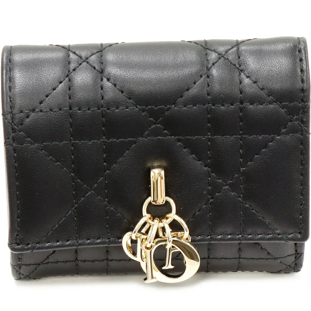 Pre-owned Dior Lambskin Small Leather Goods Christian My Cannage Trifold Wallet