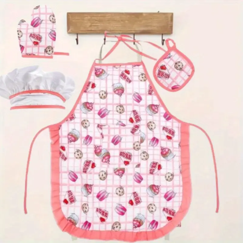 Kids' Small Chef Role-Playing 4-Piece Set Pack - Apron, Chef Hat, Christmas Gift, Birthday Gift (Party Hats & Accessories for Festive Home Supplies)