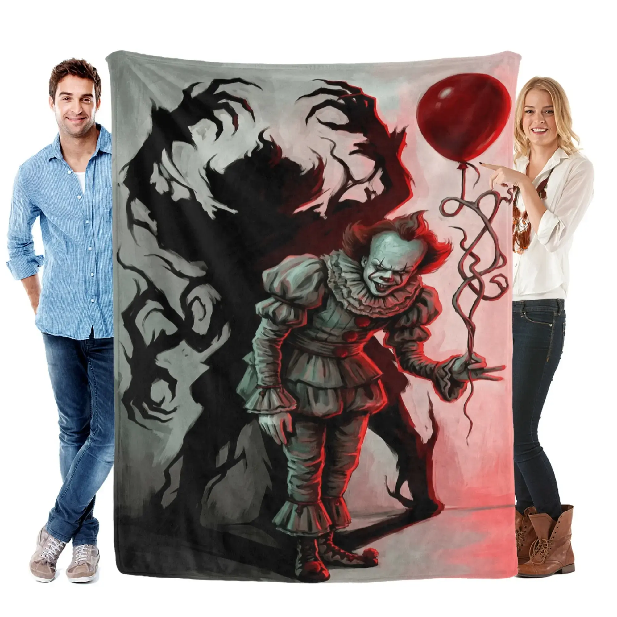 Pennywise The Dancing Clown "It" Horror Flannel Fleece Blanket – Sinister design featuring Pennywise with a red balloon and shadowy tendrils, capturing the iconic terror of the classic horror story, perfect for spooky movie nights and horror fans