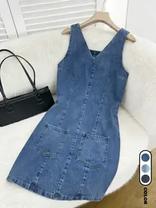Women's Loose Fit Multi-Pocket Sleeveless Denim Dress, Casual Plain Design, Summer Versatile Daily Wear, Perfect for Commuting & Dates