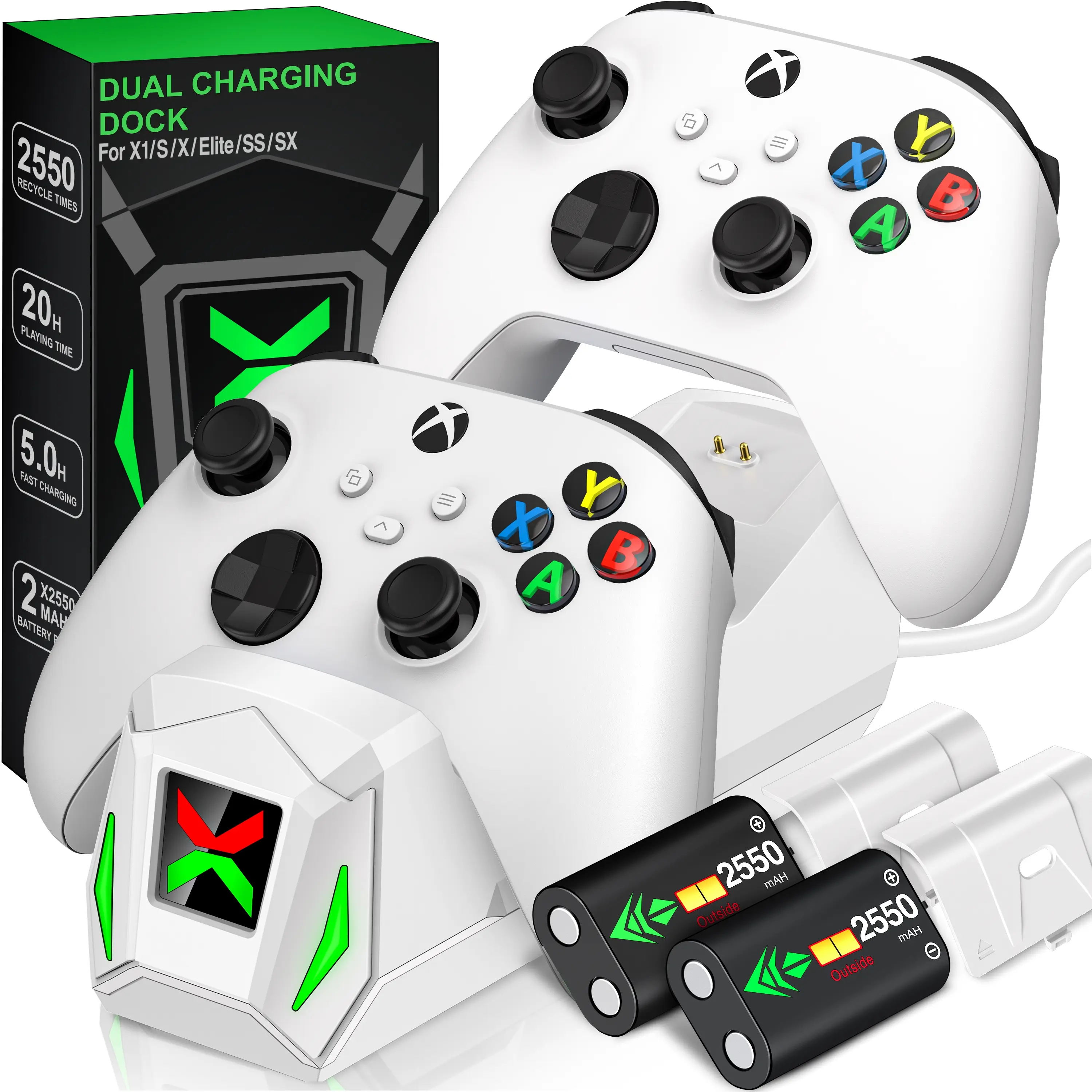 BEBONCOOL Xbox Controller Charger Station with 2x2550mAh Rechargeable Battery Pack for Xbox One/Series X/S, with 4 Battery Covers