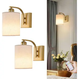 Gold Rechargeable Wall Sconces Set of 2 with Remote, Wireless Battery Operated Dimmable LED Wall Lights, Cordless Wall Lighting Lamp Fixture for Bedroom Living Room