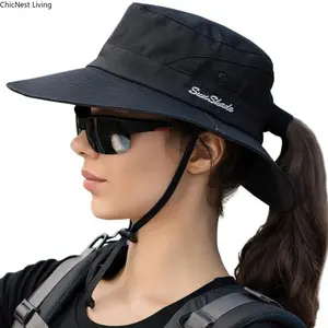 Women's Universal Adults' Stylish Wide-Brim Ponytail Bucket Hat, UV-Protection Foldable Summer Sun Cap, Breathable Lightweight Portable Design, Ideal for Beach, Hiking, Outdoor Adventures,summervibes