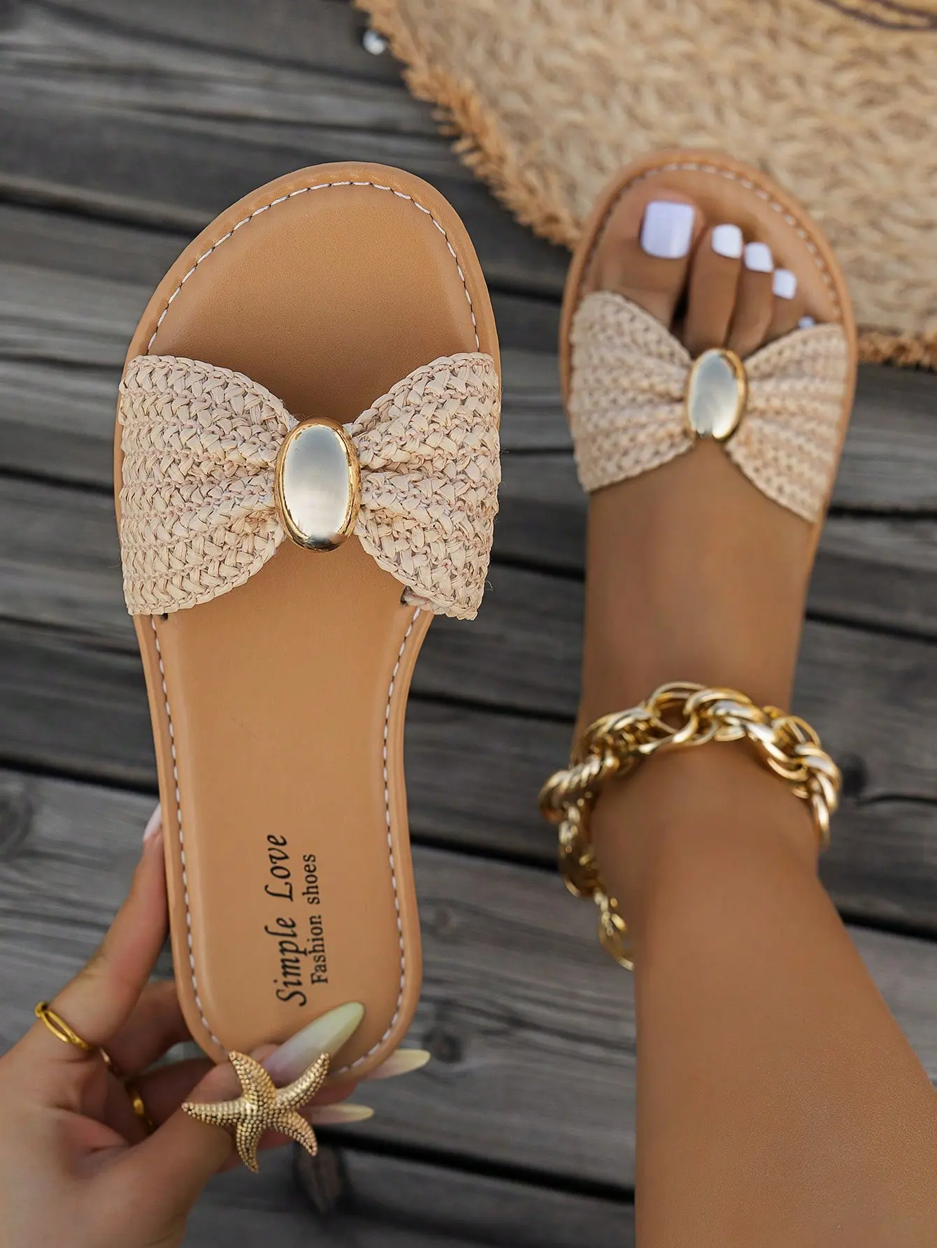 AESS Women's Footwear - Bowknot Metal Decor Straw Woven Open Toe Braided Strap Comfortable Slip-On Vacation Shoe, Sandals Women, Women's Sandals, Cute Comfy Sandals