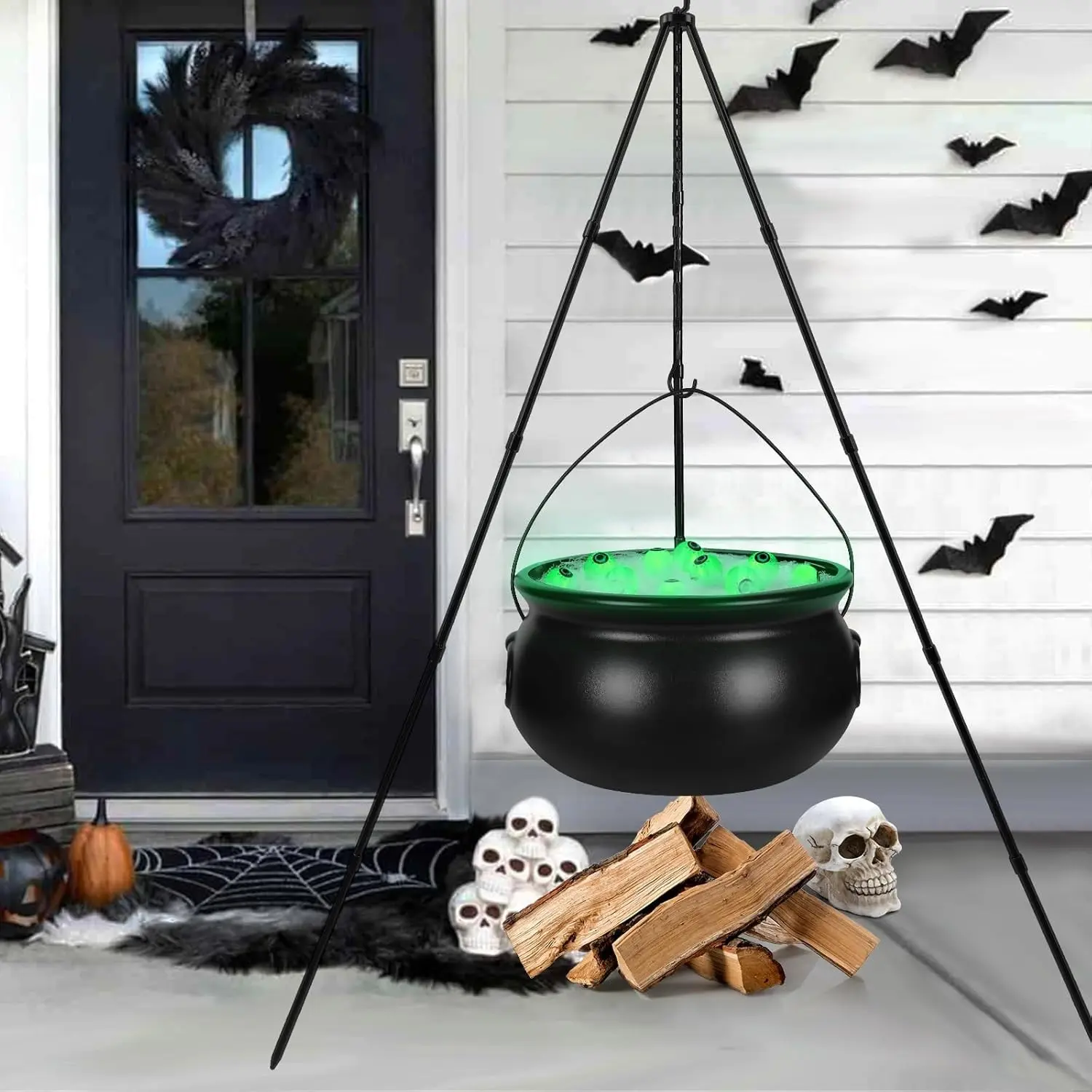 Large Spooky Black Plastic Witches Cauldron Set with Tripod, Shiny String Lights, Candy Bucket – Halloween Outdoor Party Decoration for Indoor Porch Home Storage & Organizing Supplies