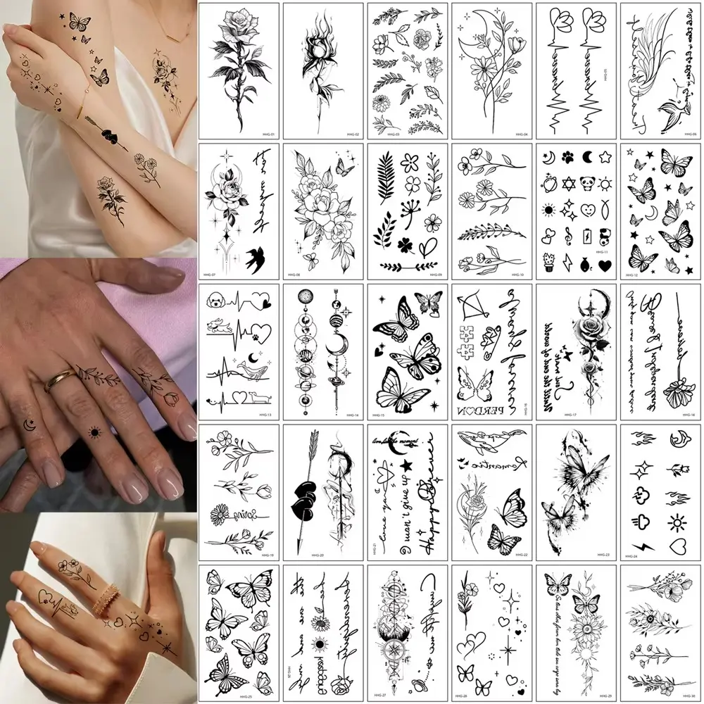 A set of 30 minimalist temporary tattoos in black, small tattoo stickers in fine pink butterfly heart star, waterproof fingers on wrists and forearms, suitable for women Fake Tattoos