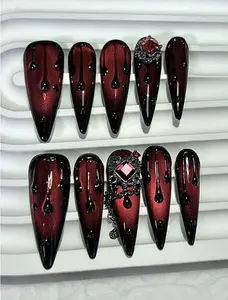 ROSY x 10PCS Dark Blood Red Hot Girl Press On Nails Handmade Red Cat Eye Blood Drops Vampire Red Diamonds Fake Nail Press On Nails Long Nail Supplies(1 Sheets Jelly Stickers+1PC Nail File)