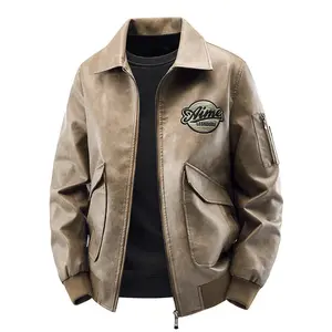 Men's Leather Jacket 2025 Embroidered Multi-Pocket Autumn Winter Trendy Streetwear Workwear Jacket Vintage Short Leather Jacket High Street Men's Aged Design Jacket Heavy Patchwork Stand Collar Motorcycle Coat  Brown  2589