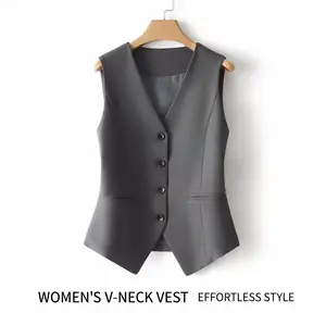 Women's Solid Button Front Pocket V Neck Suit Vest, Elegant Sleeveless Suit Vest for Work Office Business, Ladies Spring & Fall Clothes, Business Attire Clothes Sports and Outdoors
