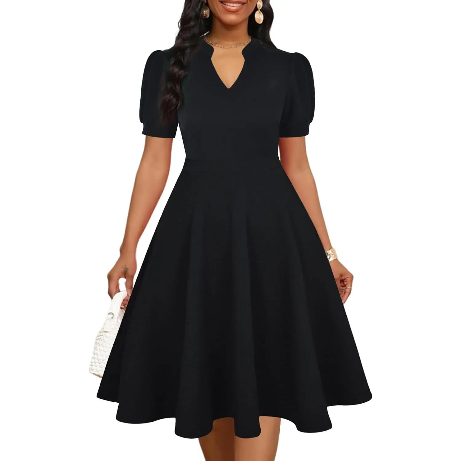 Womens Summer Short Puff Sleeve Casual Semi-Formal Fit and Flare Church Wedding Guest Work Dresses with Pockets School Womenswear Cocktail Cute Elegant Fitted Ladies Modest Skirt Statement Zipper 0 Army Green Basic Chic Minimalist Shortsleeve