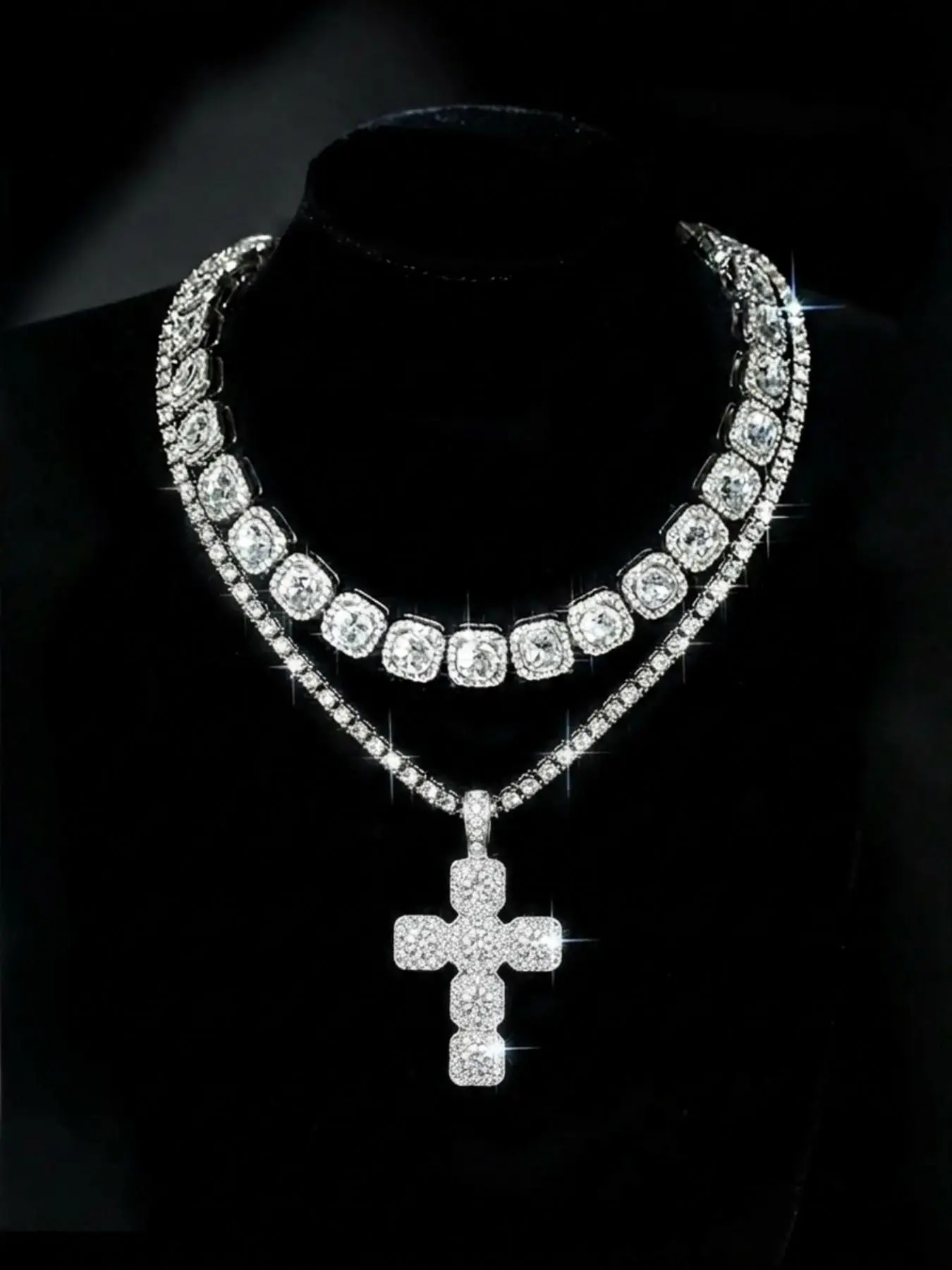 Chunky cross necklace, cross pendant with square diamond Cuban chain set, moissanite hip-hop style necklace pendant, gold and silver chain necklace, ice diamond tennis festival necklace jewelry set, Statement Chain, Iced Out Necklace