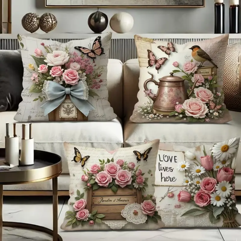 4-Piece Floral Butterfly Bird Print Pillow Covers, 45x45cm, Hidden Zipper, Easy Care, Indoor Outdoor Decor, Bedroom Decorative Accessories, Living Room Bedroom Sofa Car Decoration, Floral Patterns