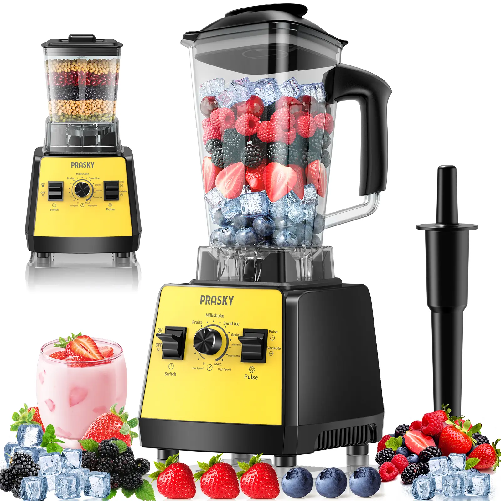 Prasky Professional Blender & Grind Combo - 1000-1499W Rated/2400W Max Motor, 2 BPA-Free 68oz Containers, 500ml Chopper, 500ml Bottle, Blender for Shakes, PTC Auto Reset, Overheat Shut-Off, Kitchen Essential