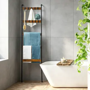 5-Tier Wooden Blanket Ladder with 10 Removable Hooks, Farmhouse Storage Rack for Living Room, Bedroom, Bathroom, Laundry, Hallway & Entryway Organizer,Wall Coat Racks